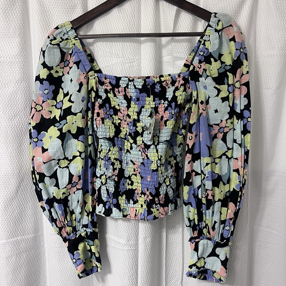 NWT Free People Black Ariana Floral Smocked Puff Sleeve Top‎ Cotton - Size XS